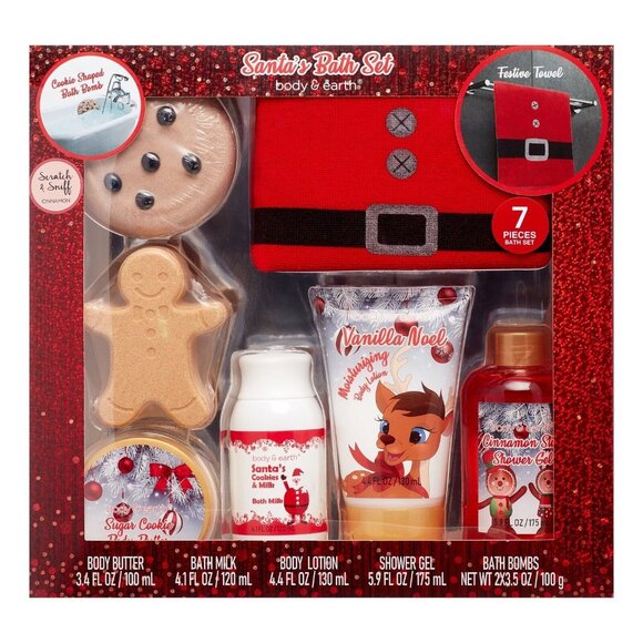 Body & Earth 7-Piece Santa's Bath Set Christmas Theme Bath Gift Set - Picture 1 of 5